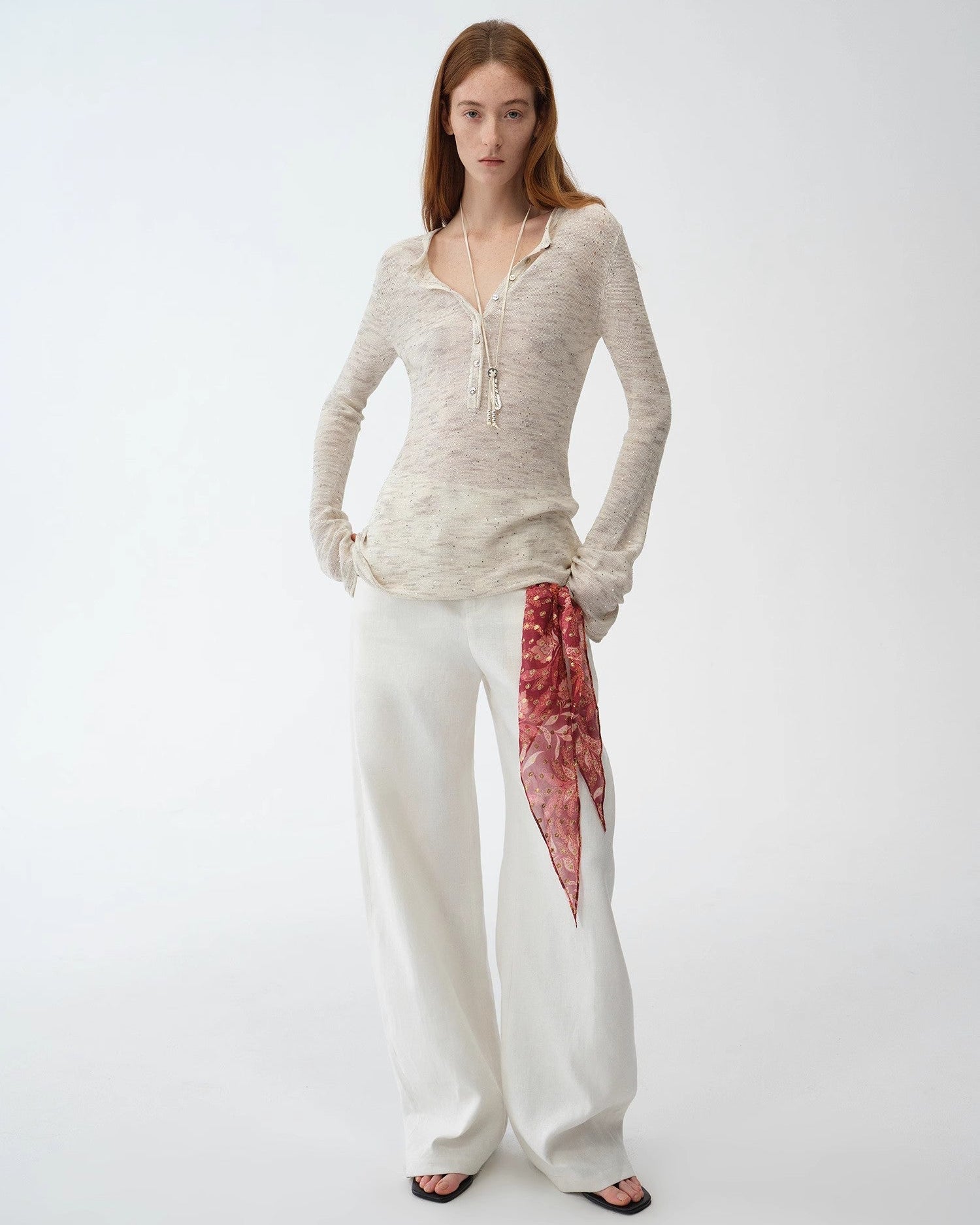 Cotton and Linen Beaded Yarn Waisted Bell Sleeve Cardigan ‘Perry Moonlight’