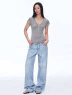 Wool Tencel Deep V-Neck with Zipper Short Sleeve Top