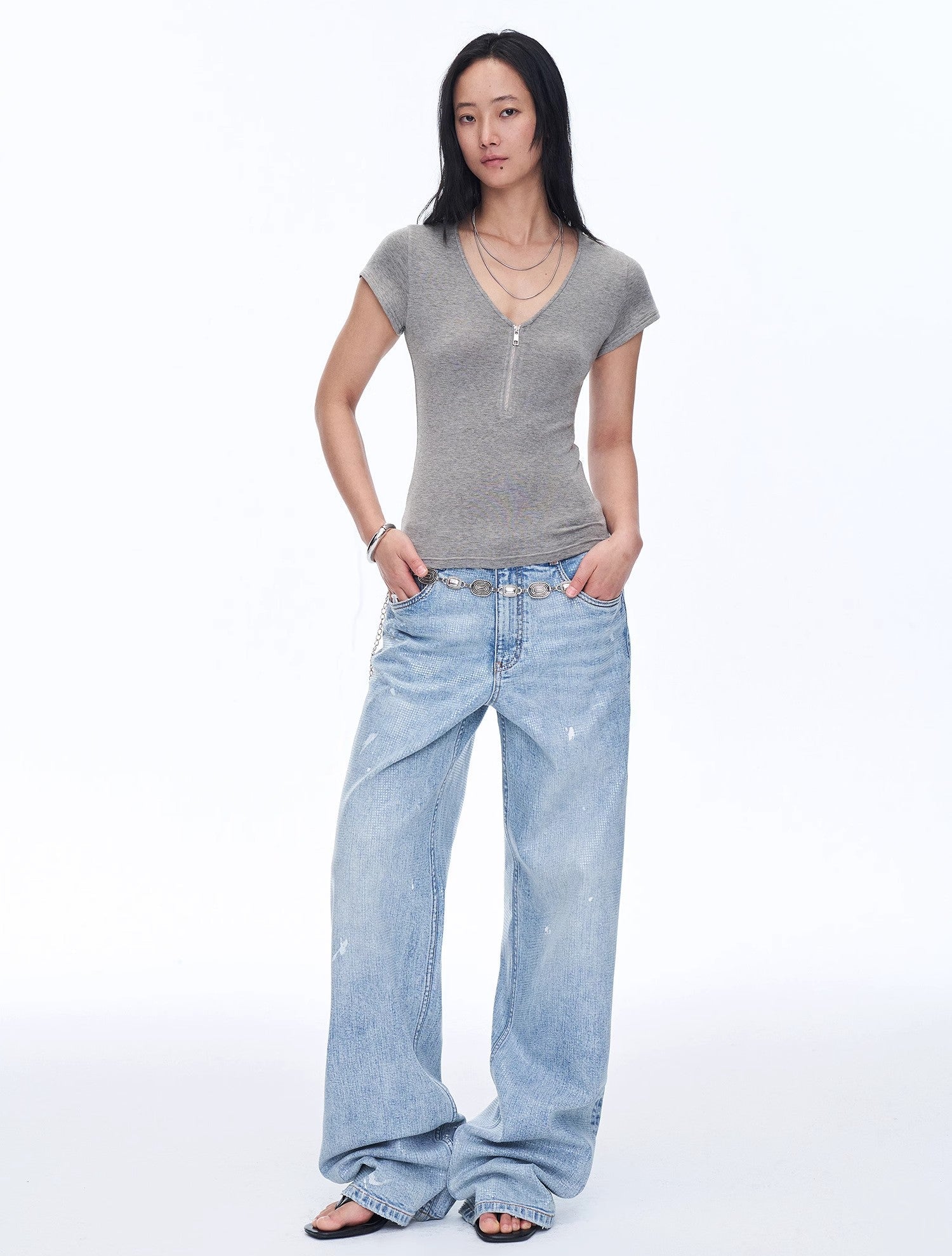 Wool Tencel Deep V-Neck with Zipper Short Sleeve Top