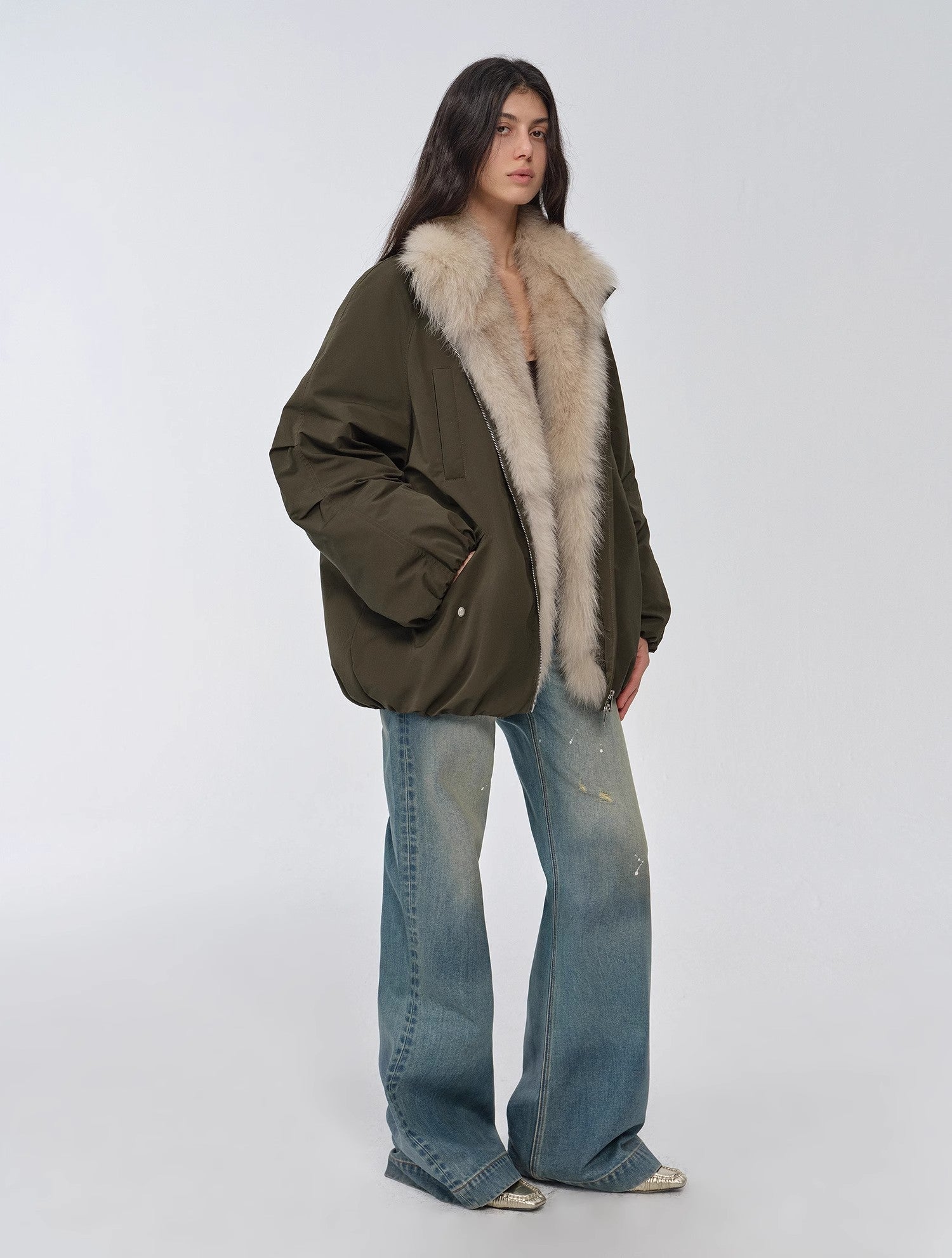 Fireladyfur Mid-Length Two-Tone Fox Fur Down Jacket 'Warm Dialogue'