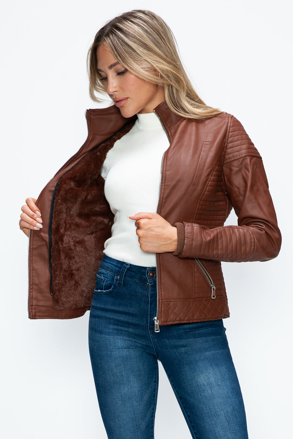 Faux Layered Double-Zipper Jacket with Fuzzy Hood Brown