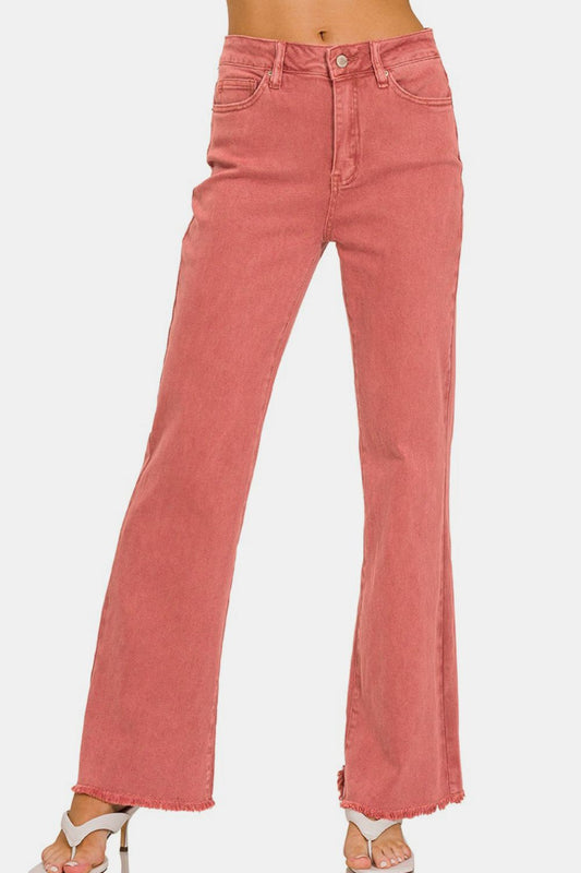 Acid Washed Frayed Hem Bootcut Jeans Coral