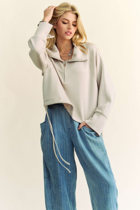 Drawstring Hem Half Zip Sweatshirt Light Grey