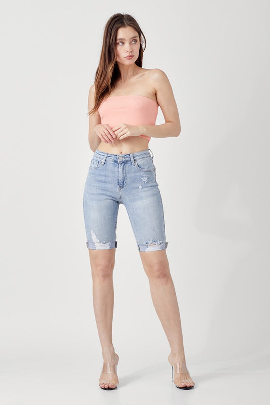 High Rise Distressed Denim Bermuda Shorts