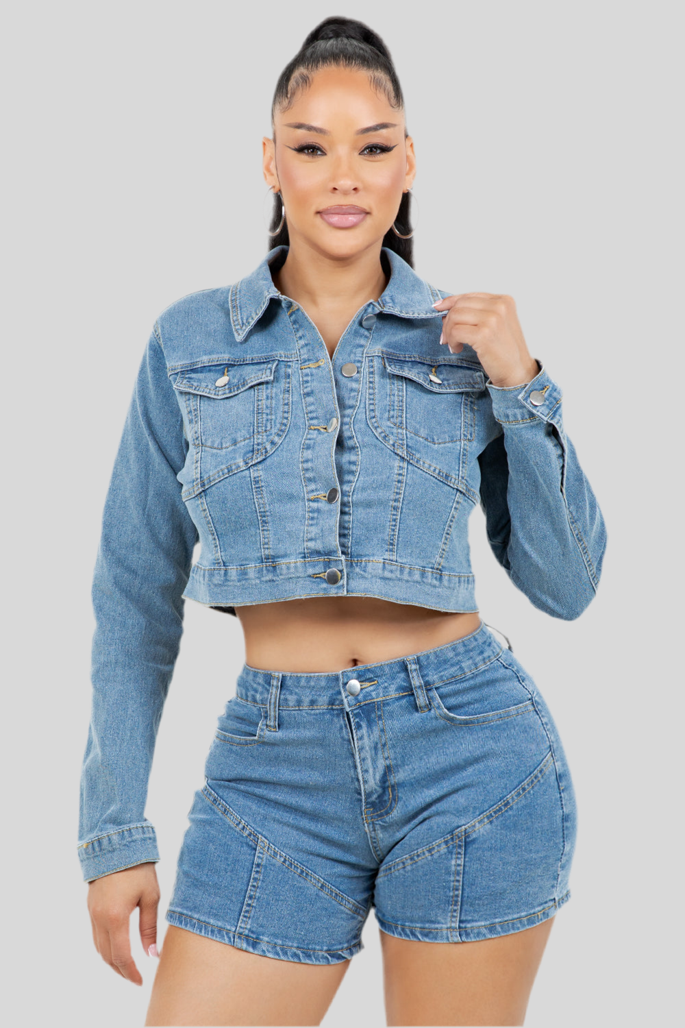 Denim Crop Jacket and Shorts Set