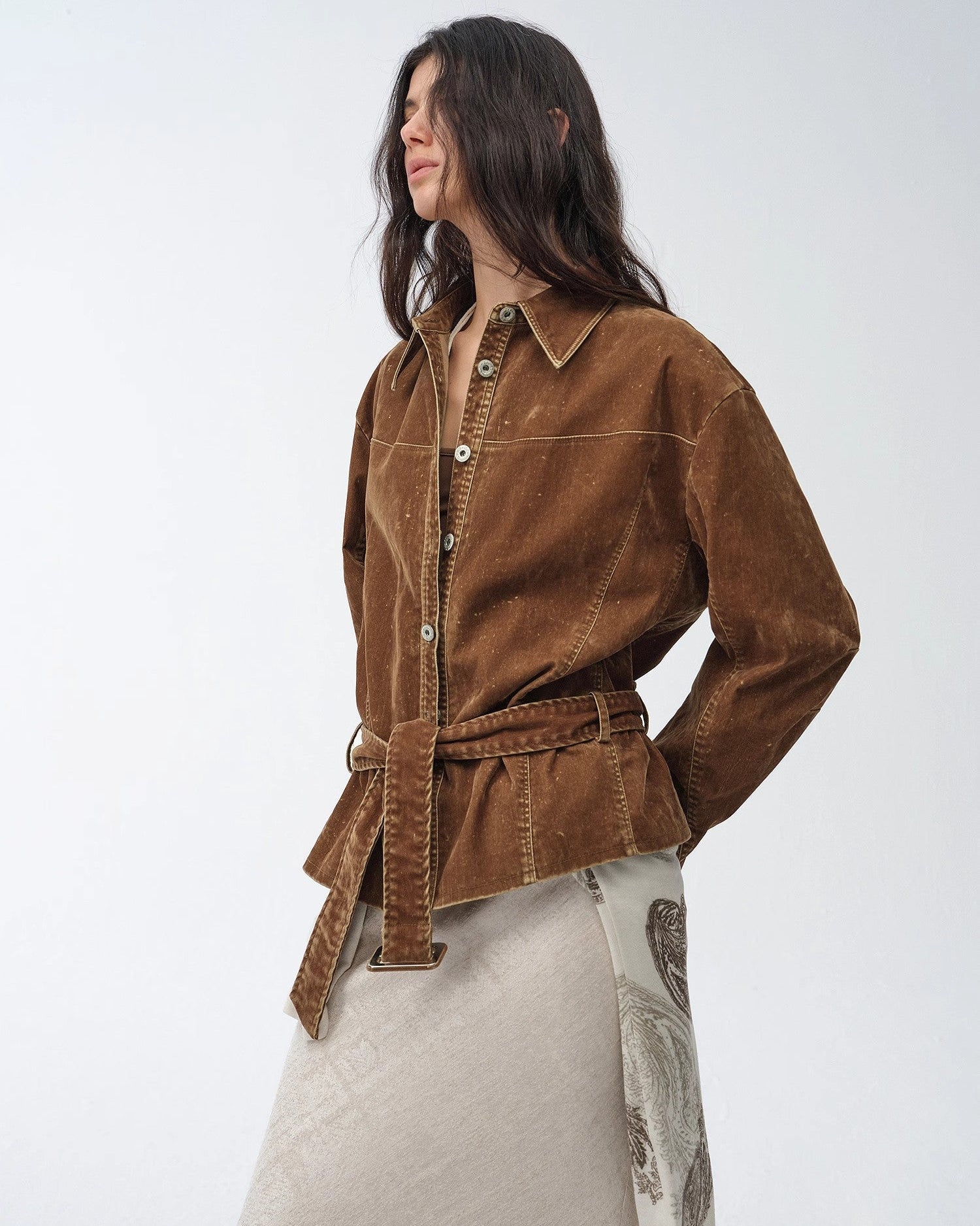‘Haruno Dream’ Retro Distressed Flocked Low Waist Long Sleeve Shirt Jacket