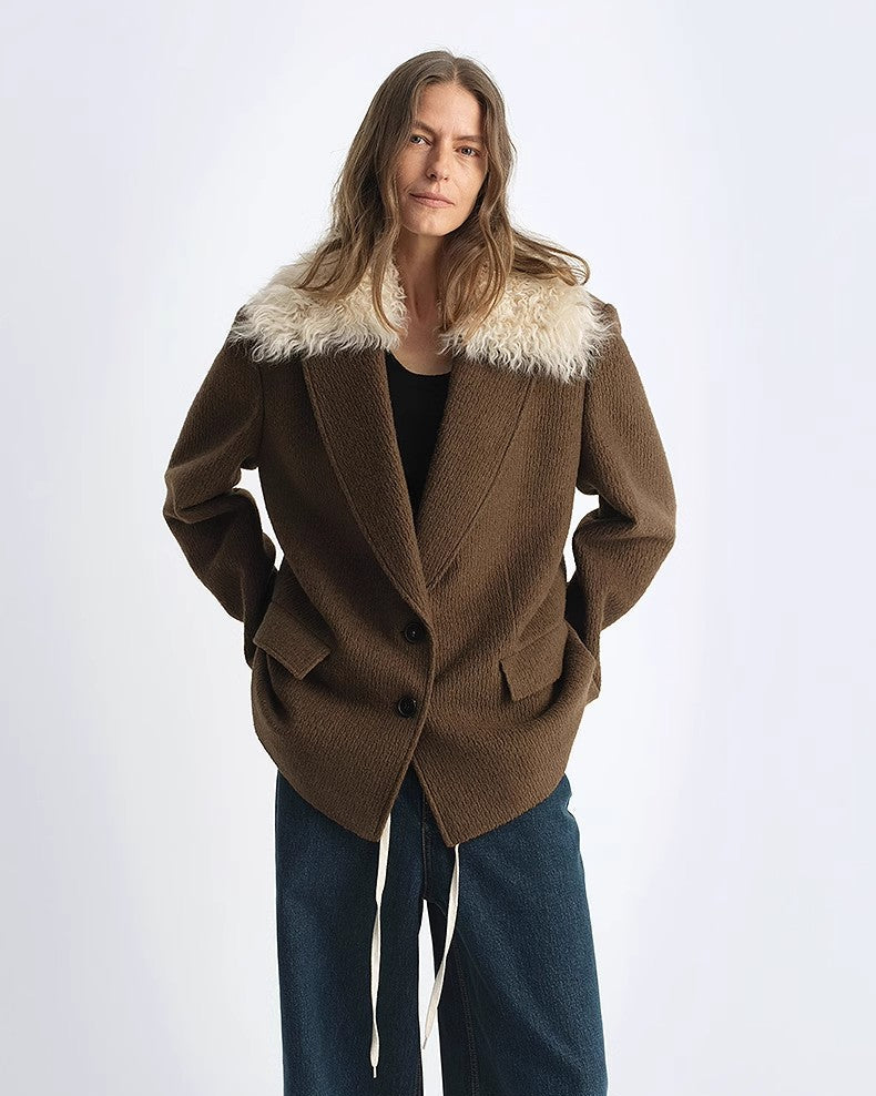 Fireladyfur Wool Tweed Coat with Detachable Fur Collar 'Vertical Texture'