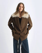 Fireladyfur Wool Tweed Coat with Detachable Fur Collar 'Vertical Texture'