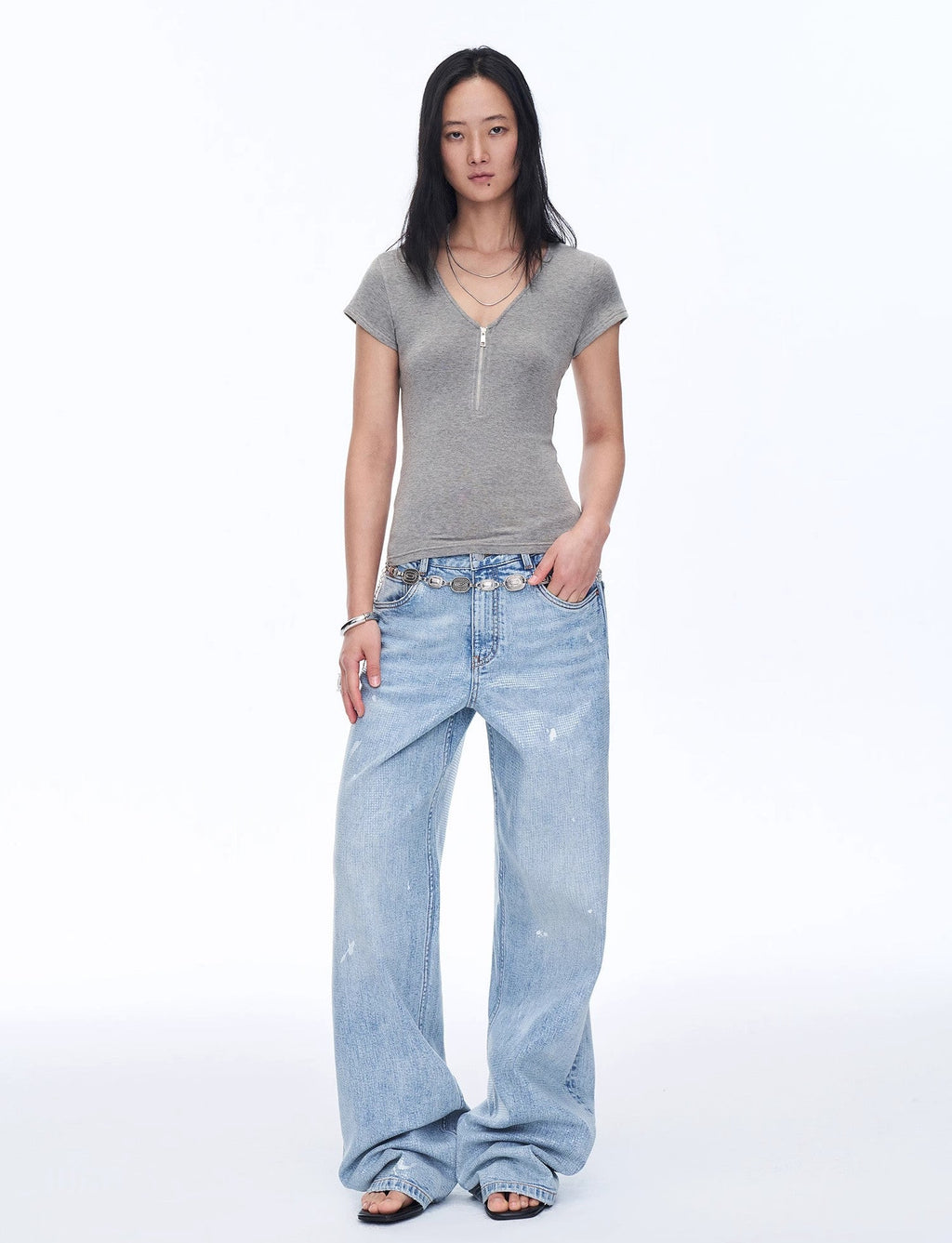 Wool Tencel Deep V-Neck with Zipper Short Sleeve Top
