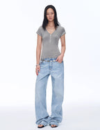 Wool Tencel Deep V-Neck with Zipper Short Sleeve Top