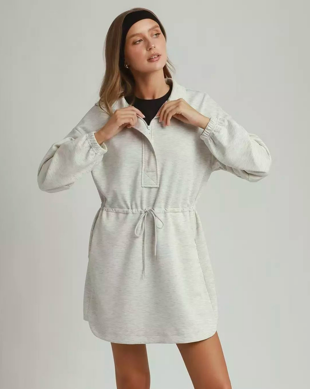 Umgee Half Zip-Up Drawstring Waist Dress