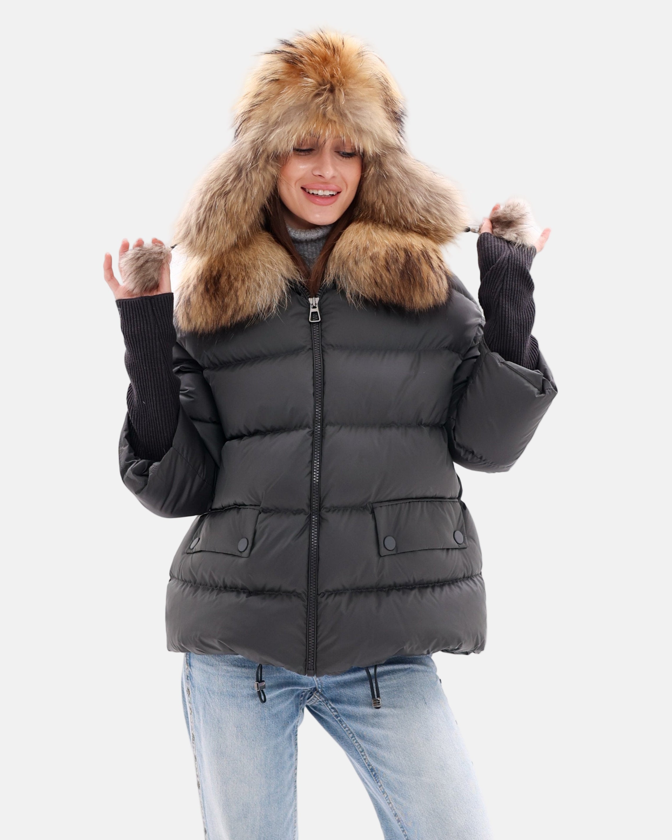 Genuine Fur Trim Down Fill Coat in Black