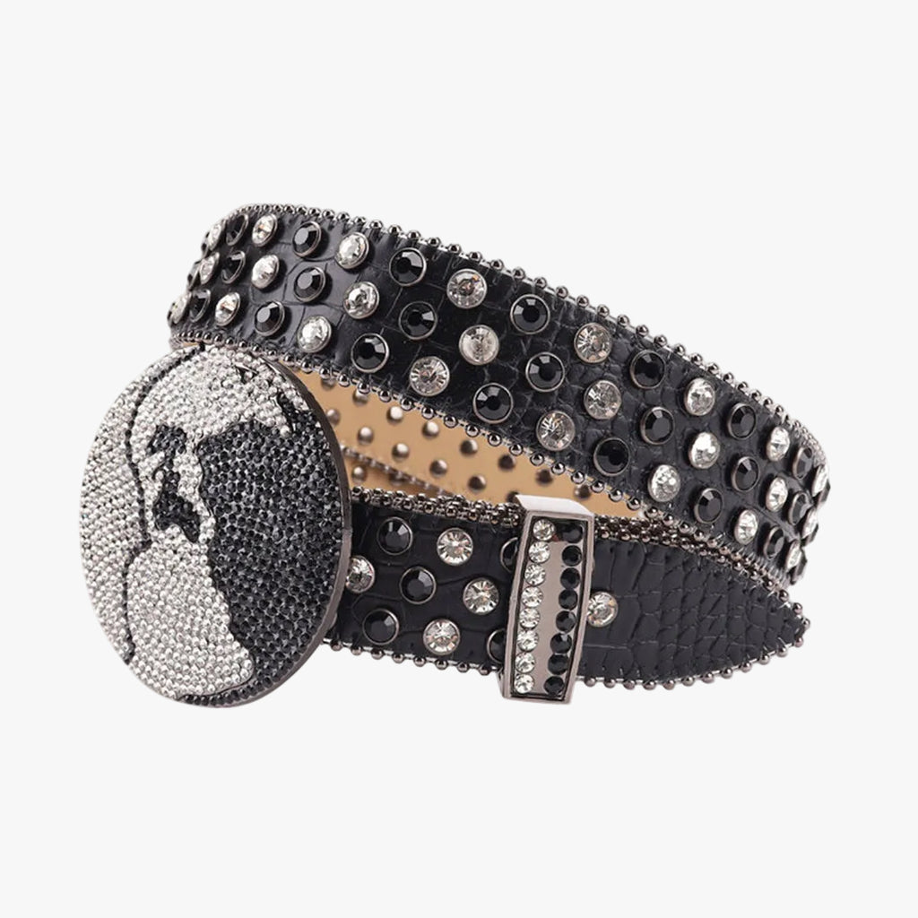 Black Strap Earth World Buckle Belt with Silver & Black Studded Rhinestone