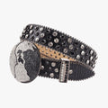 Black Strap Earth World Buckle Belt with Silver & Black Studded Rhinestone