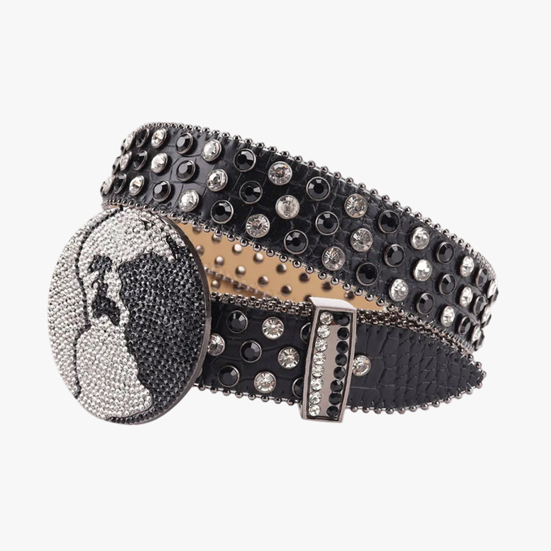 Black Strap Earth World Buckle Belt with Silver & Black Studded Rhinestone