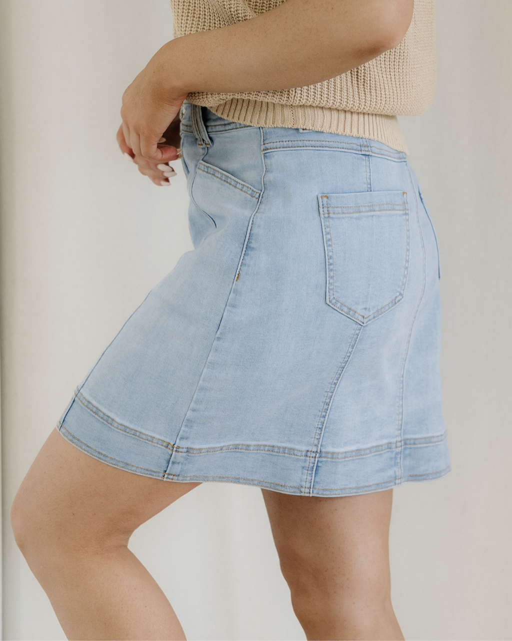 Juliet Exposed Seam Detail A-Line Denim Mini Skirt with Pockets