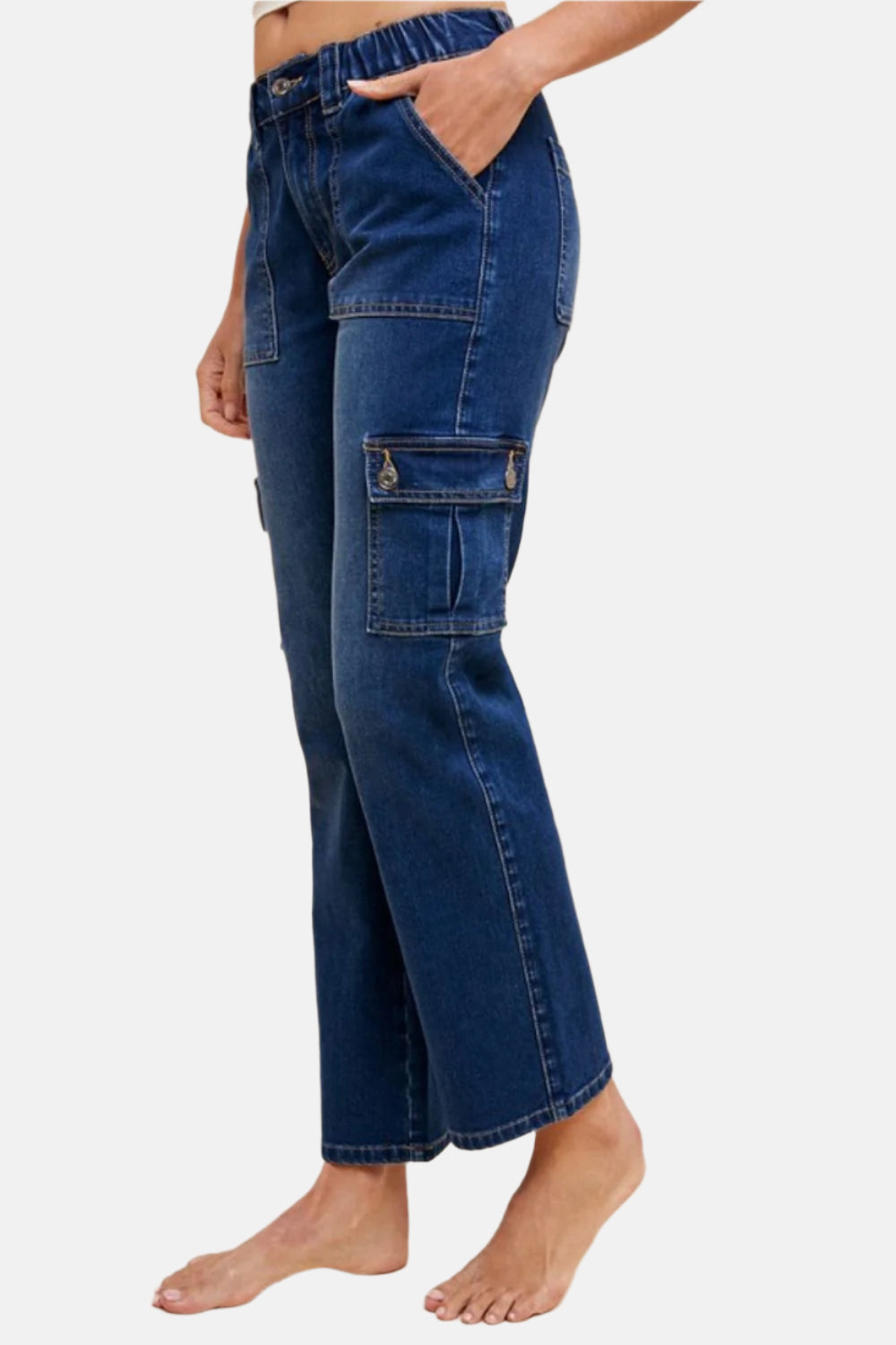 Straight Leg Jeans with Cargo Pockets Dark Denim