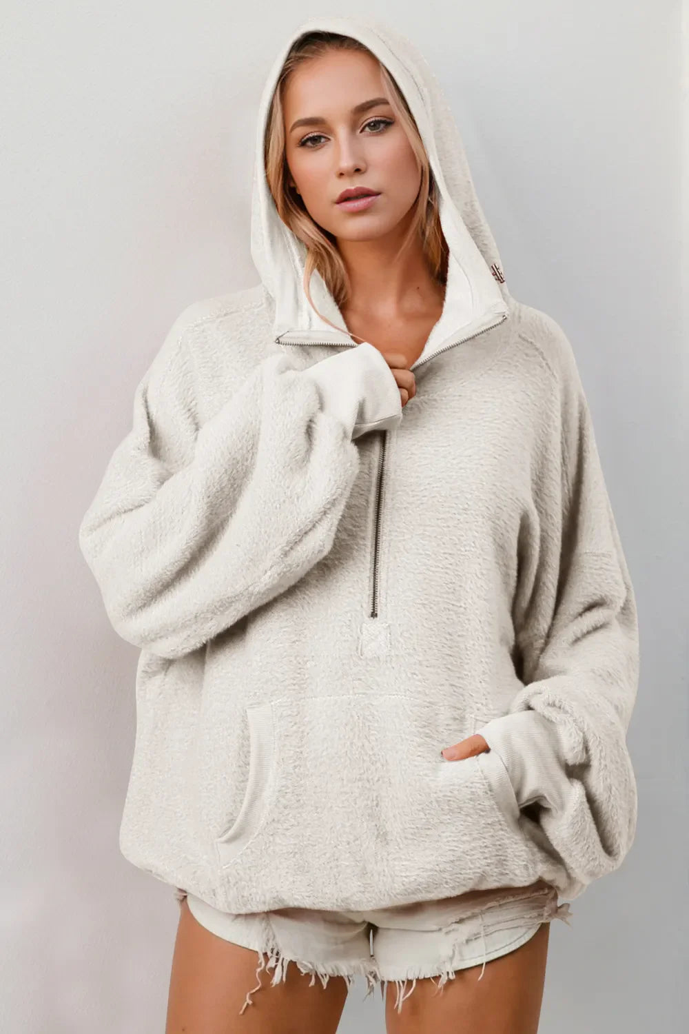 Double Take Half Zip Hoodie with Kangaroo Pocket