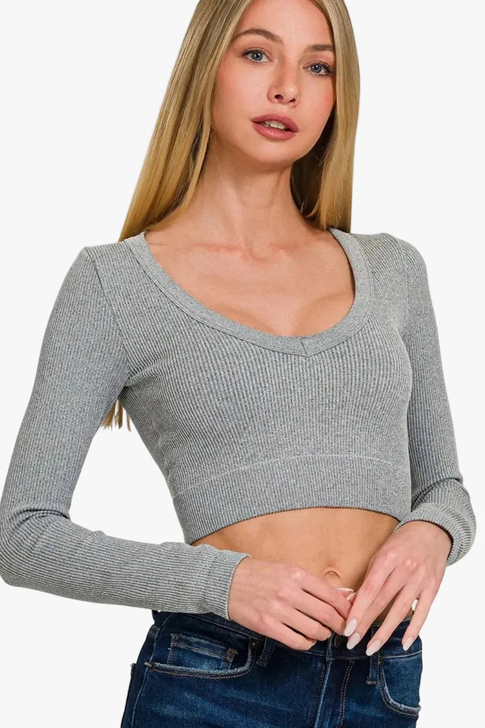 Ribbed Crop Top with V-Neck and Long Sleeve