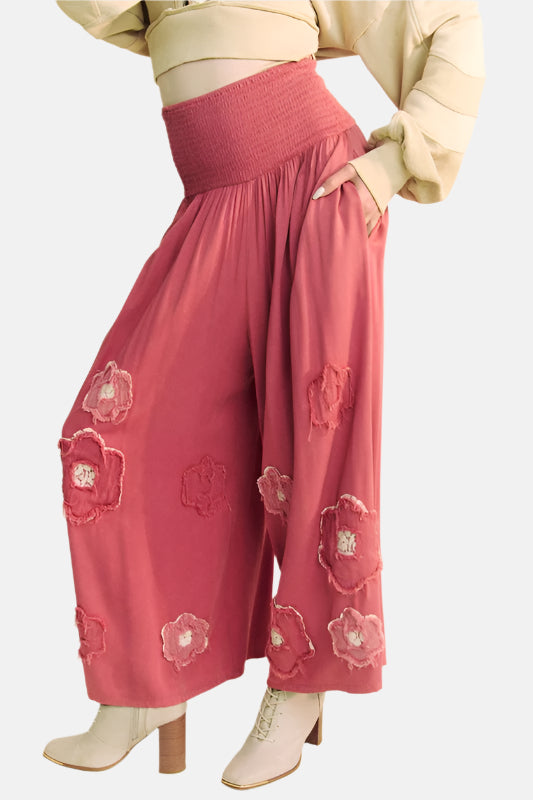 Smocked Waist Flower Patch Wide Leg Pants Red