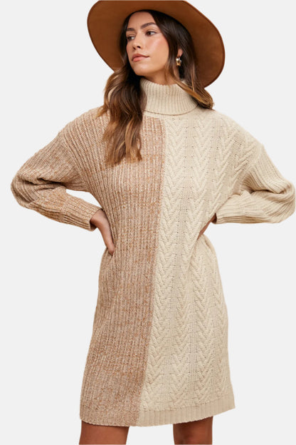 Two-Tone Knitted Turtleneck Sweater Dress