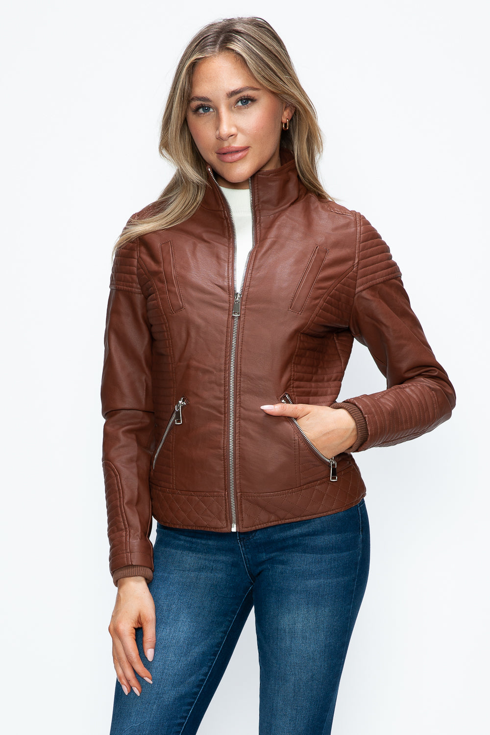 Faux Layered Double-Zipper Jacket with Fuzzy Hood Brown