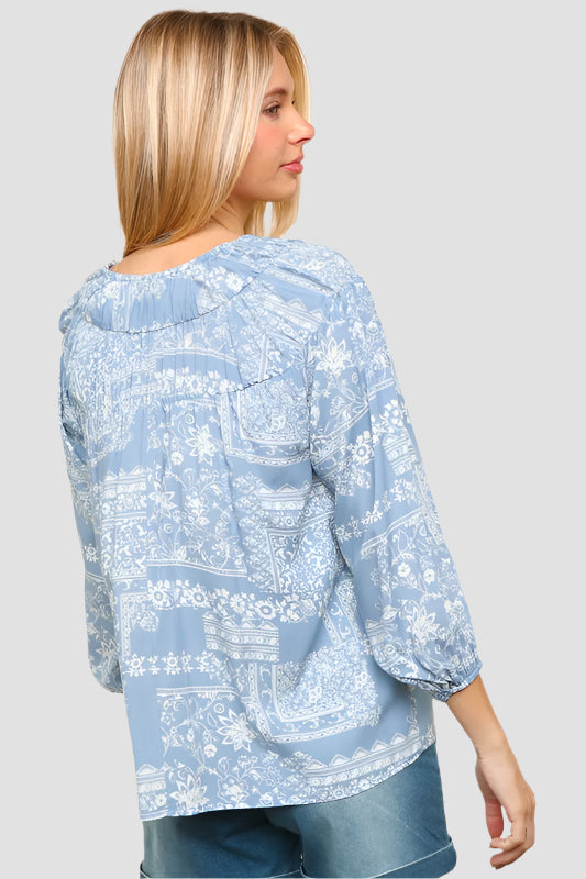 Printed Notched Balloon Sleeve Blouse