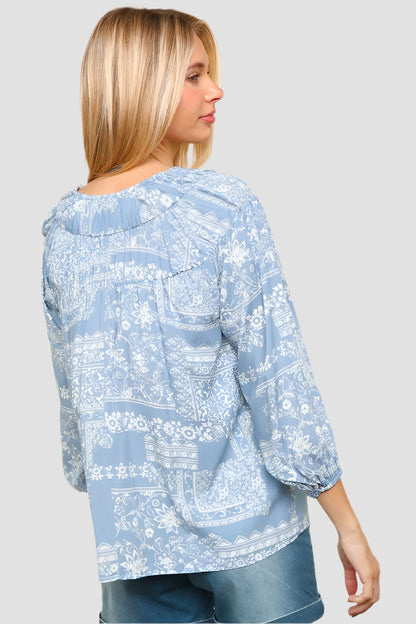 Printed Notched Balloon Sleeve Blouse