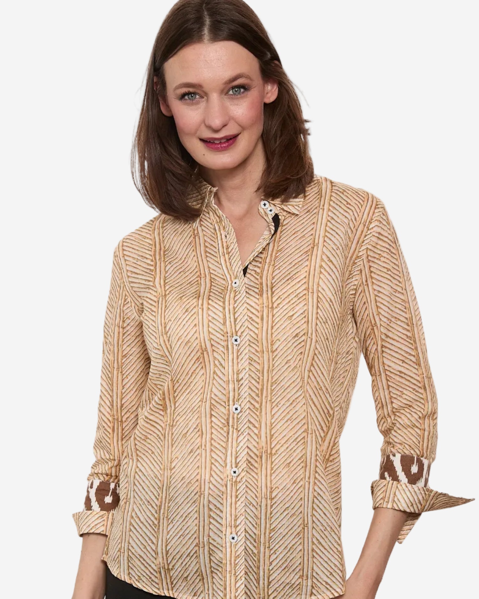3/4 Sleeve Rome Shirt Khaki White Voile Wicker Print