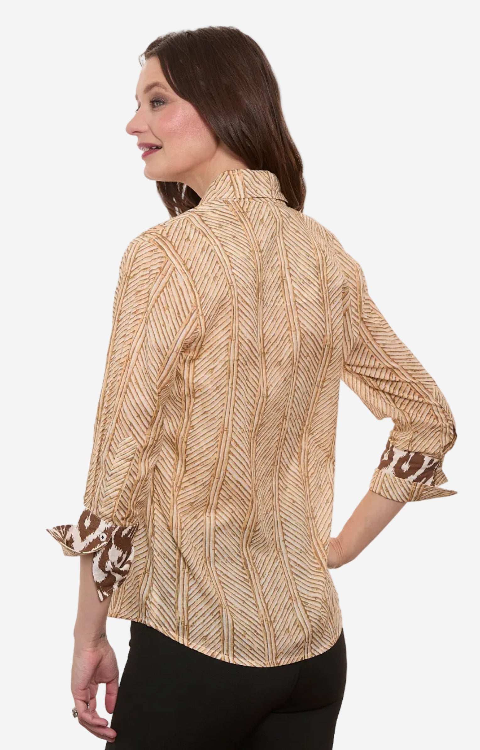 3/4 Sleeve Rome Shirt Khaki White Voile Wicker Print