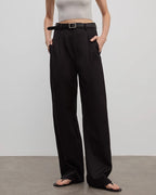 Spliced Double-Pleat Wide Leg Straight Trousers