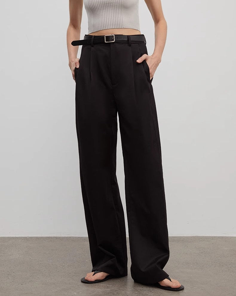 Spliced Double-Pleat Wide Leg Straight Trousers