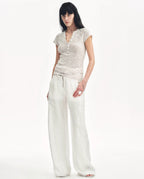 Cotton and Linen Blend Sequined Henley Neck Top ‘Minimalist Light Gap’