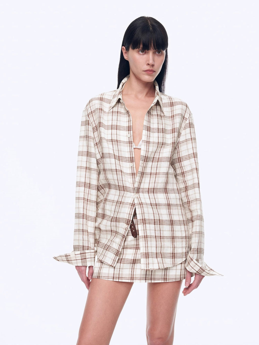 Vintage Linen Shirt & Mini Skirt Two-Piece Spring 'Plaid Sketch'