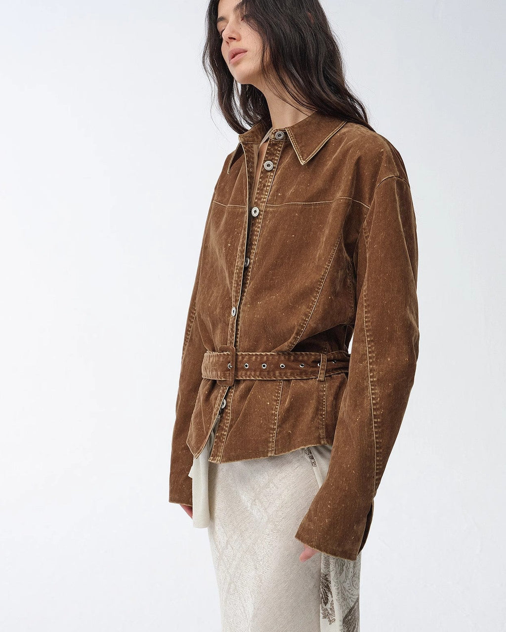 ‘Haruno Dream’ Retro Distressed Flocked Low Waist Long Sleeve Shirt Jacket