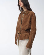 ‘Haruno Dream’ Retro Distressed Flocked Low Waist Long Sleeve Shirt Jacket