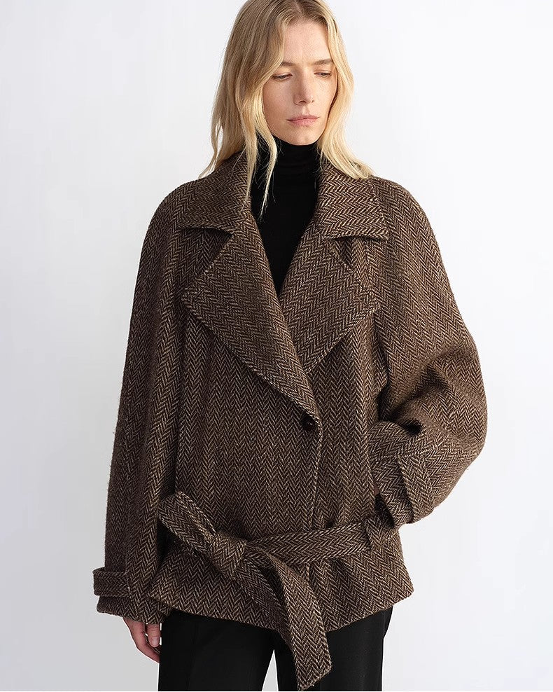 'Warm Cocoon' Italian Herringbone Wool Classic Lapel Short Coat