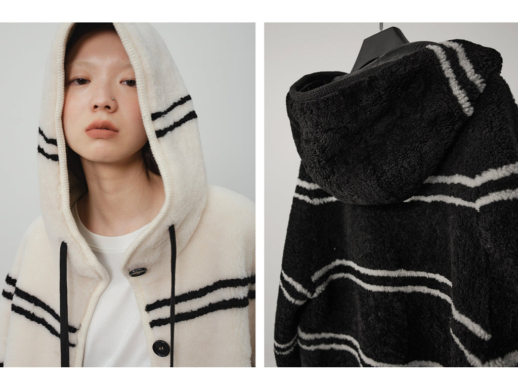 Fireladyfur Women's Lamb Wool Striped Jacket ‘Snowy New Year’
