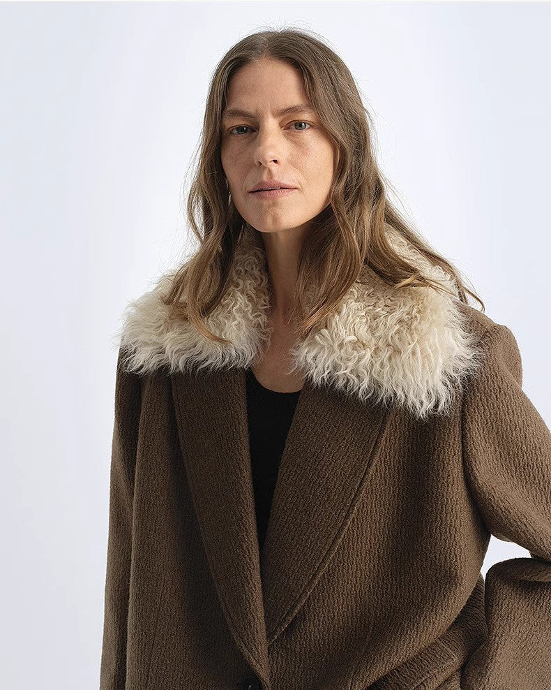 Fireladyfur Wool Tweed Coat with Detachable Fur Collar 'Vertical Texture'