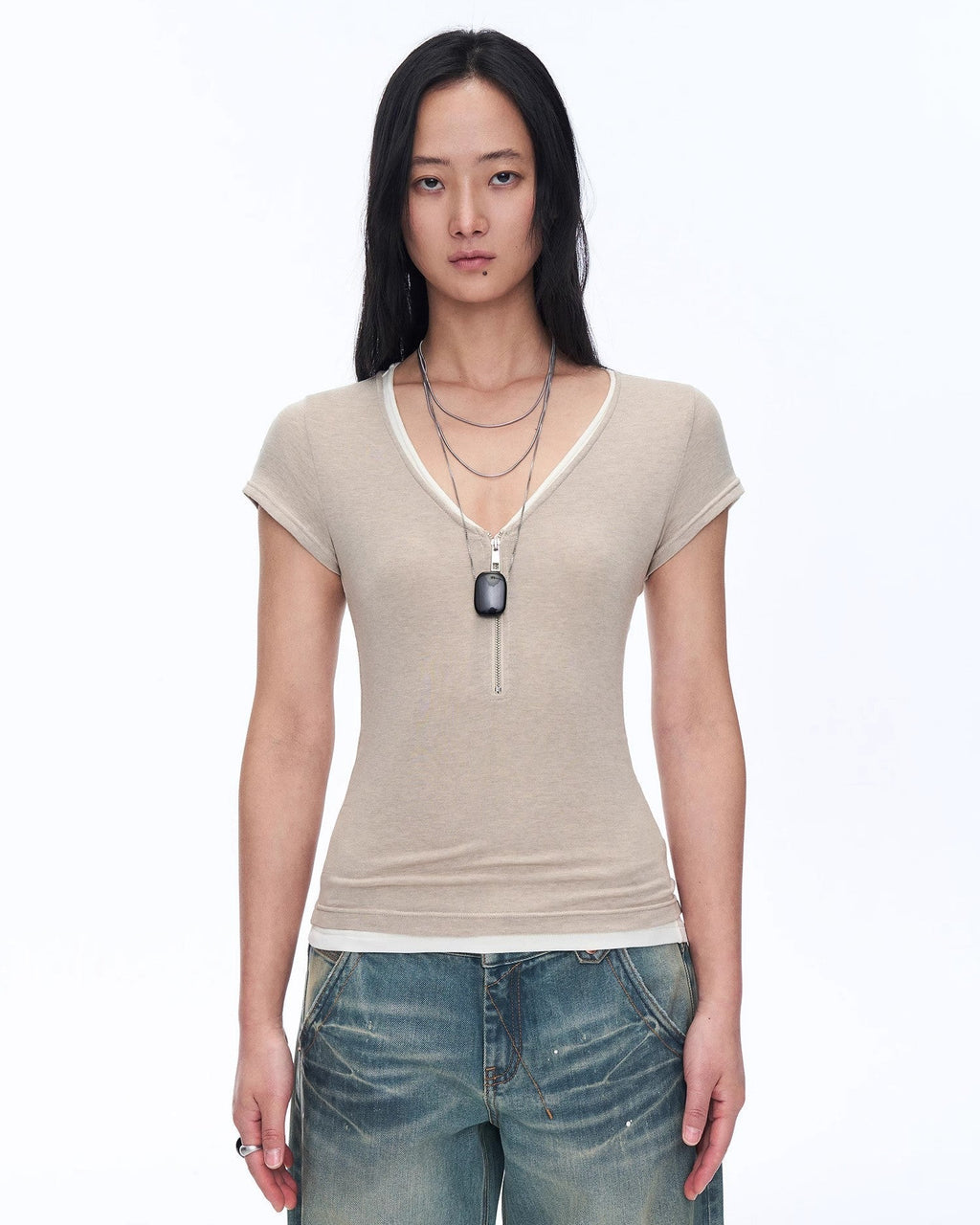 Wool Tencel Deep V-Neck with Zipper Short Sleeve Top