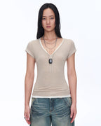 Wool Tencel Deep V-Neck with Zipper Short Sleeve Top