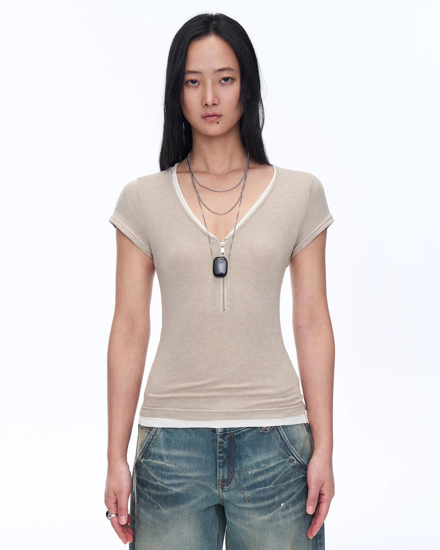 Wool Tencel Deep V-Neck with Zipper Short Sleeve Top