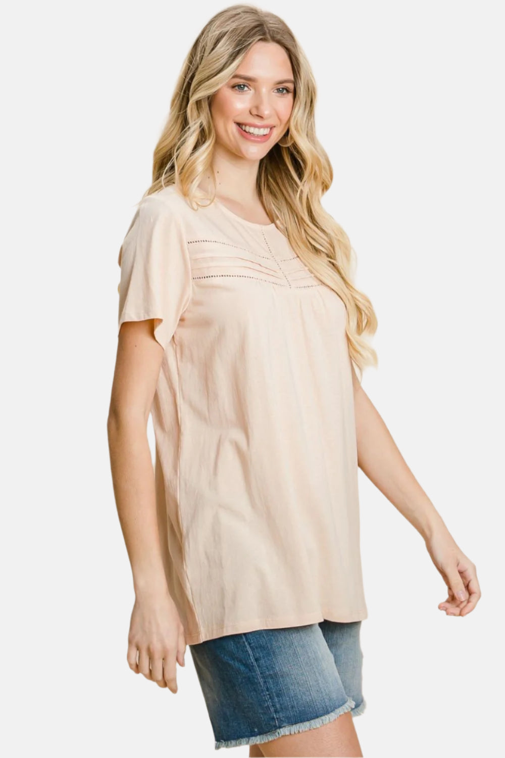 Eyelet Round Neck Short Sleeve T-Shirt