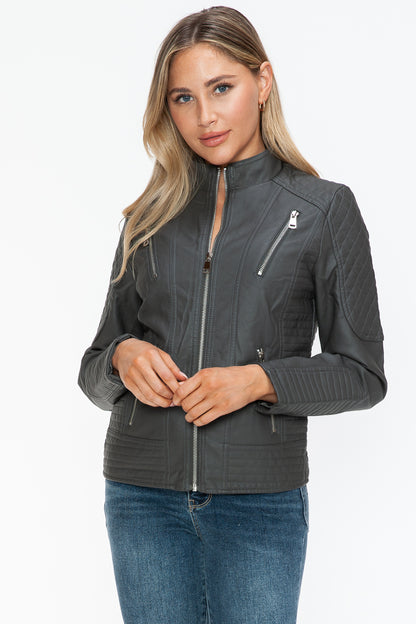 Charcoal Faux Leather Zip-Up Mock Neck Jacket