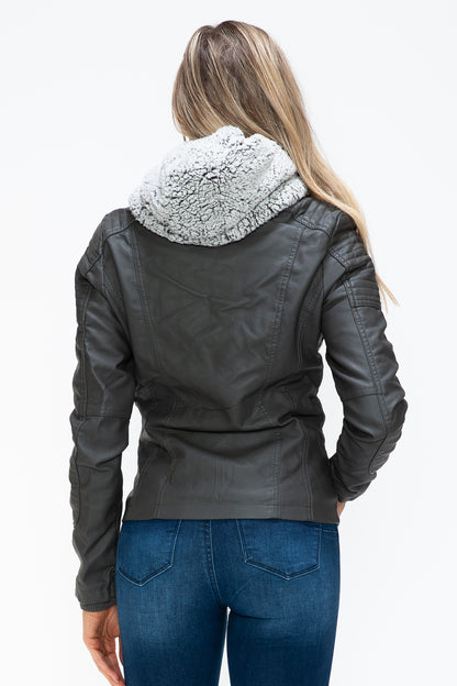 Removable Faux Layered Multi-Pocket Jacket with Fuzzy Hood Charcoal