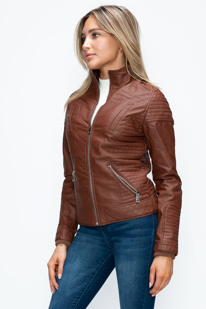 Faux Layered Double-Zipper Jacket with Fuzzy Hood Brown