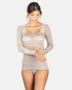 Mare Luxury Merino Wool Blend Women's Lace-Trimmed Long Sleeve Top