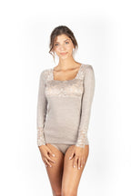 Mare Luxury Merino Wool Blend Women's Lace-Trimmed Long Sleeve Top