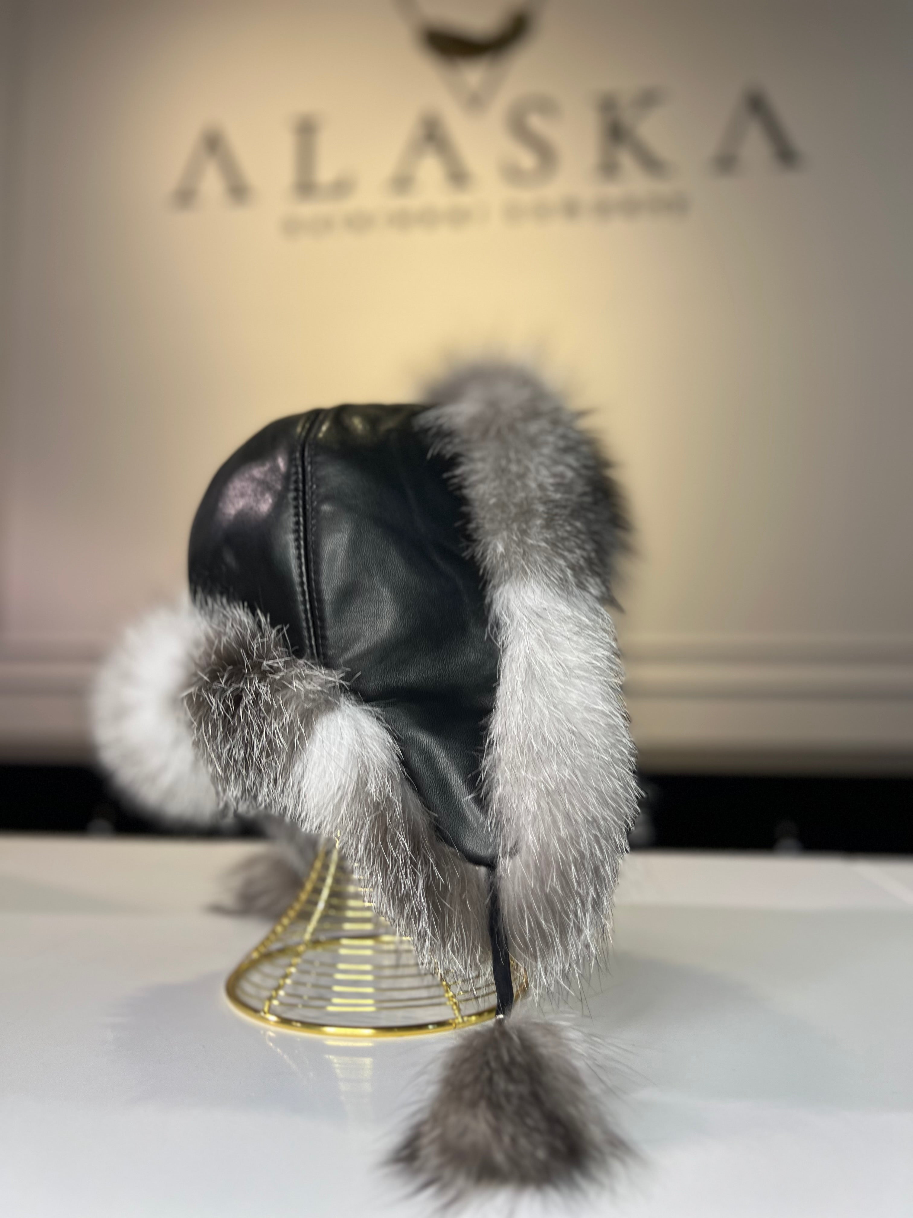 Genuine Silver Fox Fur Leather Hat