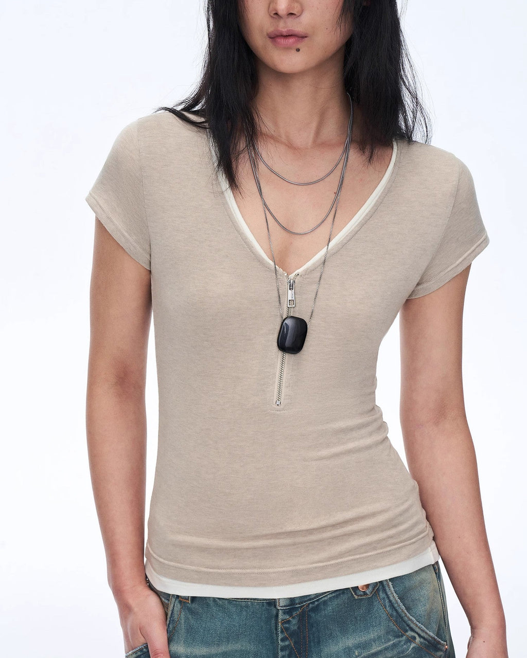 Wool Tencel Deep V-Neck with Zipper Short Sleeve Top